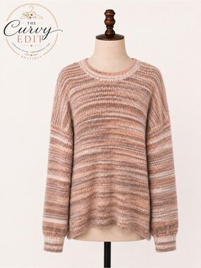 Time and Tru XL 16-18 Striped Fuzzy Knit Sweater Blush Desert Taupe Cozy Chic